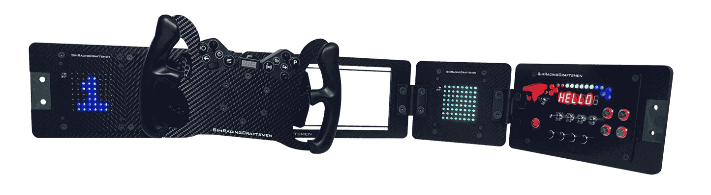 large sim racing button box setup with brackets and hinges