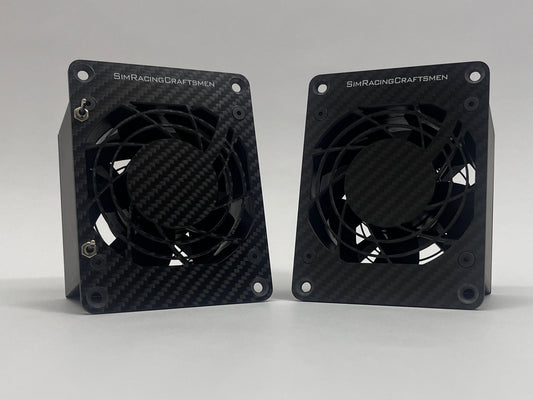 Two black fans with carbon fiber material on a gray background