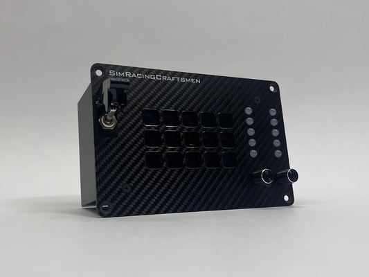 Black electronic module with 'SimRacingCraftmen' branding on a gray background