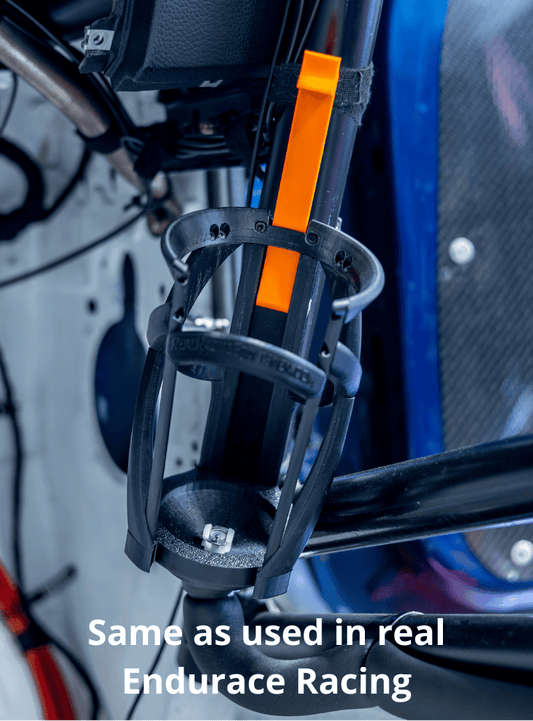 Close up of real endurance racing bottle holder mounted on a racing car roll cage and the text 'Same as used in real Endurace Racing' at the bottom.