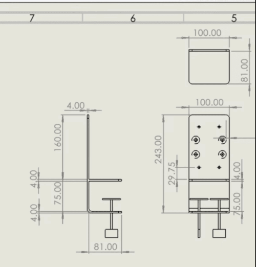 2D drawing of desk mount with exact dimensions
