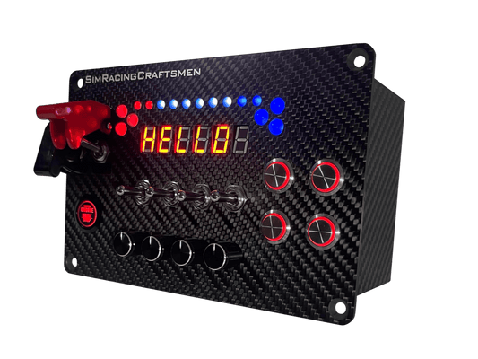 simracing button box with RGB LEDS buttons switches rotaries and safety caps
