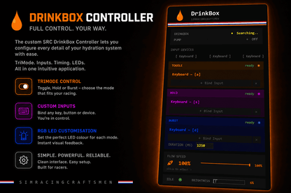 Promotional graphic for the Drinkbox Sim Racing Hydration Controller software by SIMRACINGCRAFTSMEN, showing a smartphone-style control interface on the right and feature callouts on the left against a dark background.