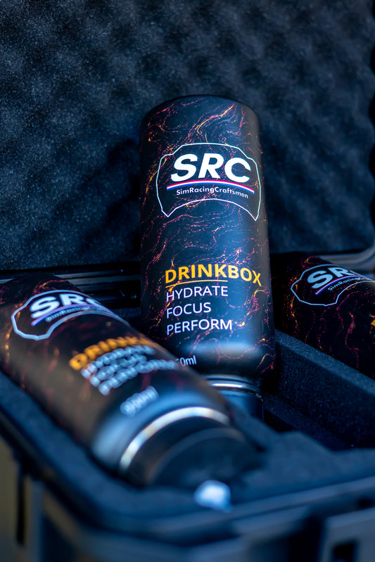 3 SRC racing hydration bottles in a travel case laid in foam with one propped up