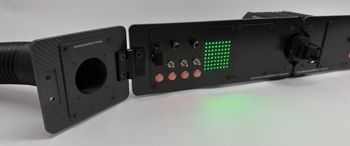 left side of advanced sim racing setup with wind tube installed