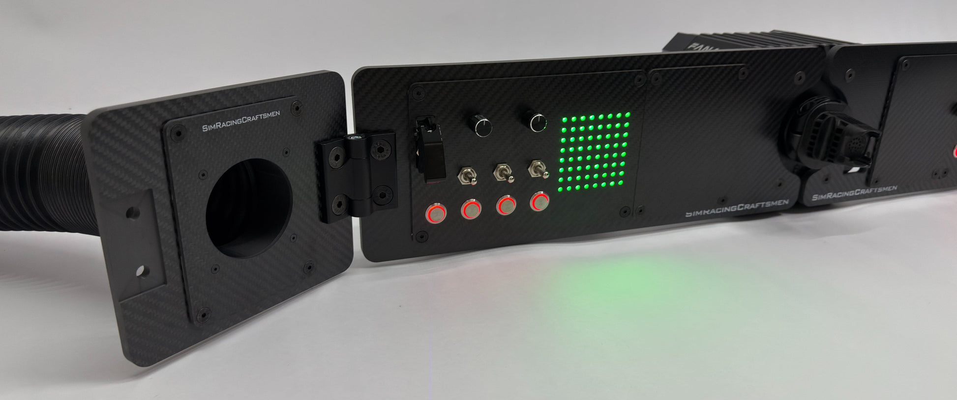 left side of advanced sim racing setup with wind tube installed