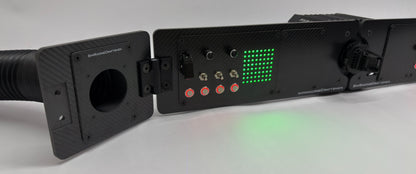 left side of advanced sim racing setup with wind tube installed