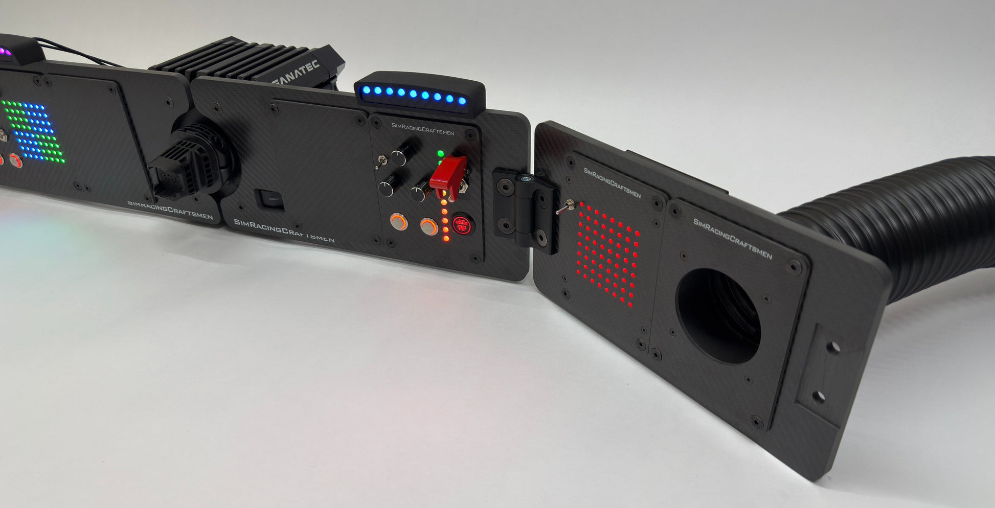 Right side of sim racing system with wind tube installed and sim brows