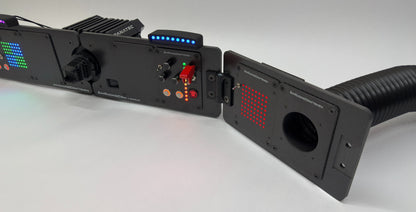 Right side of sim racing system with wind tube installed and sim brows