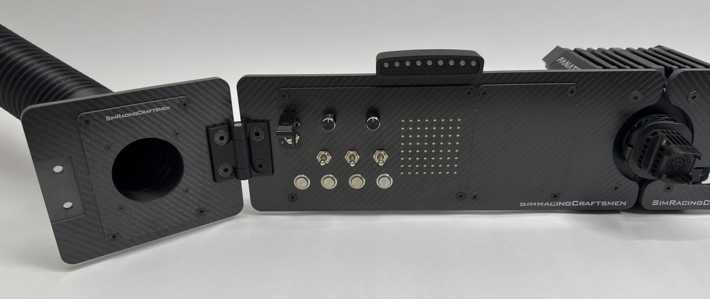 Left side of sim racing system with wind tube installed and sim brow