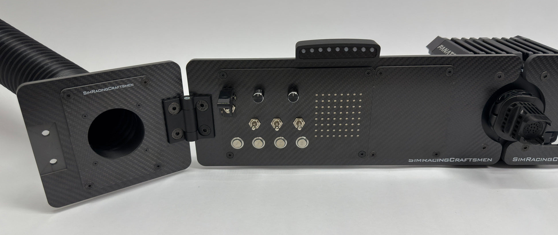 Left side of sim racing system with wind tube installed and sim brow