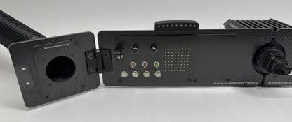 Left side of sim racing system with wind tube installed and sim brow