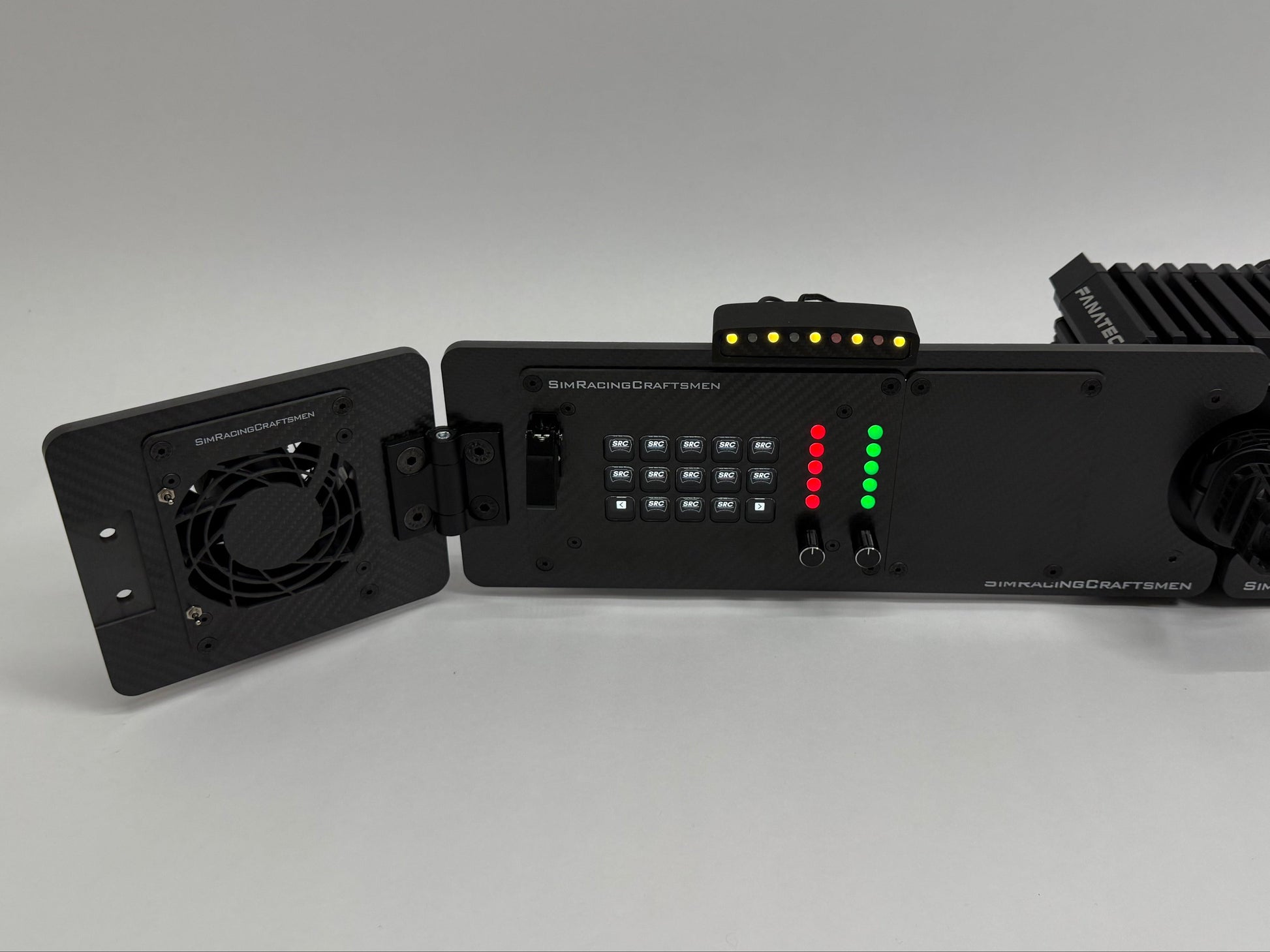 stream pro in modurig setup turned on with red and green lights on grey background