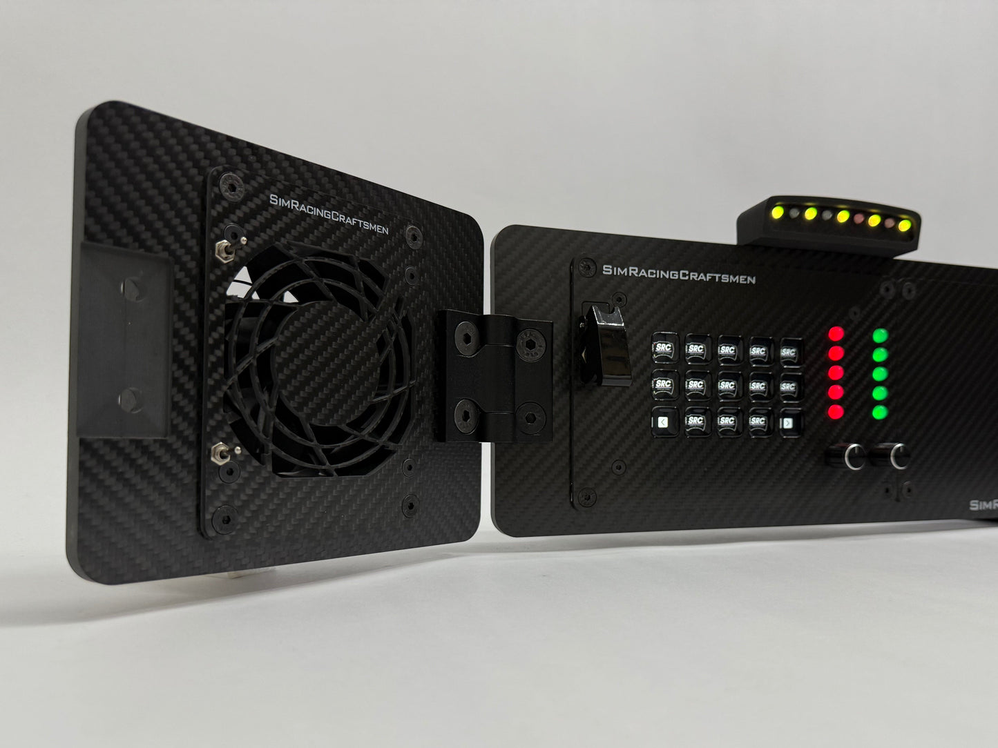 Black electronic device with fan and control panel on a white background