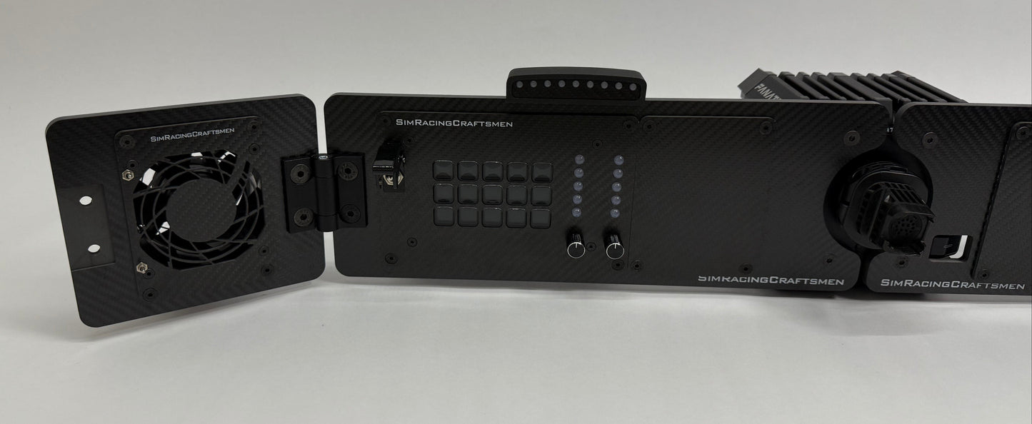 left side of sim racing setup with wind simulator and sim brows installed