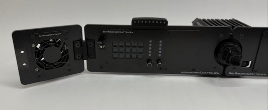 left side of sim racing setup with wind simulator and sim brows installed