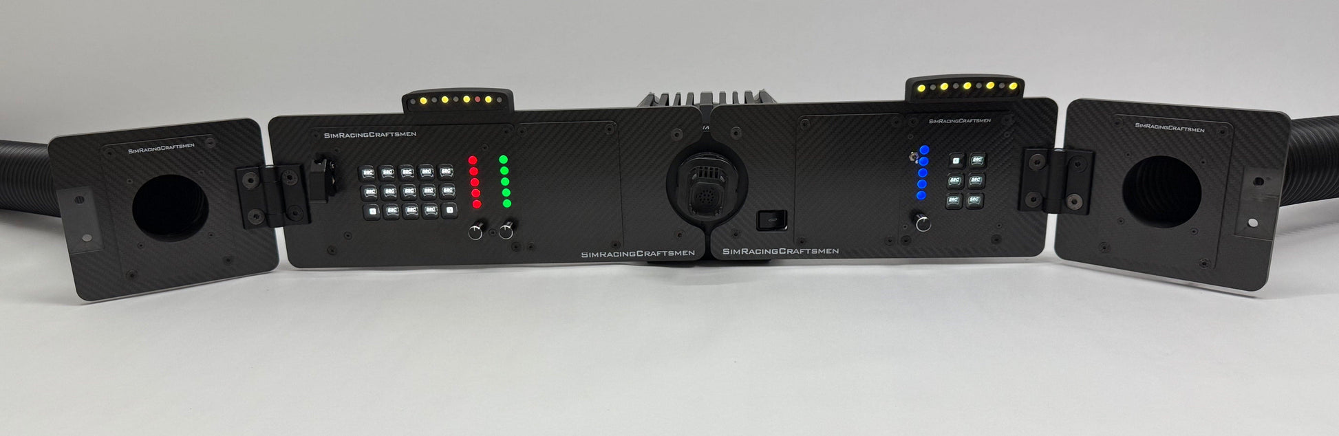 full view of sim racing setup with wind sim tubes and sim brows installed