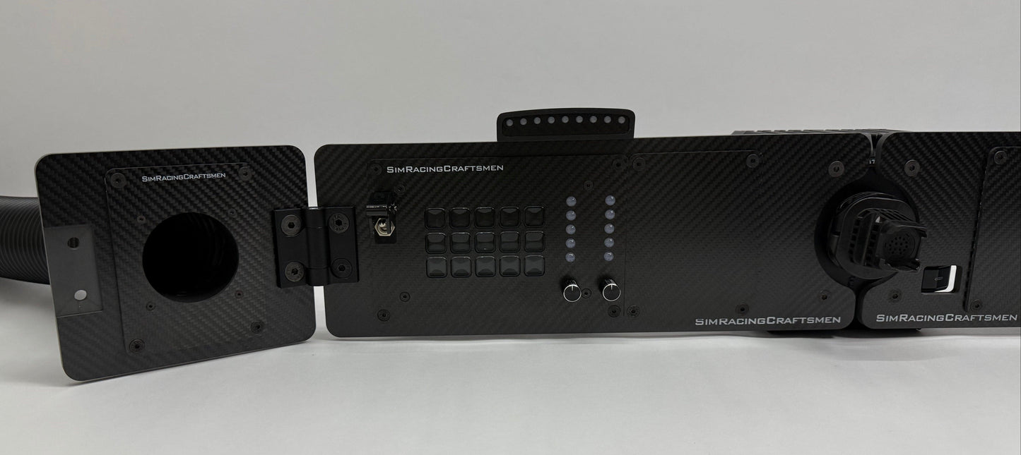 Left side of sim racing setup with sim brows and wind sim tube installed