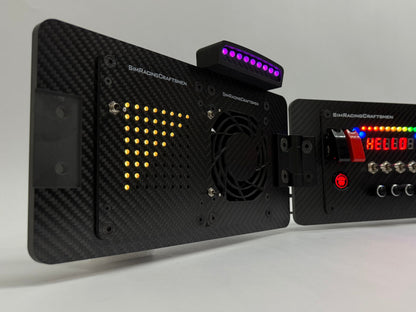 Carbon fiber button box with LED display and control buttons on a white background