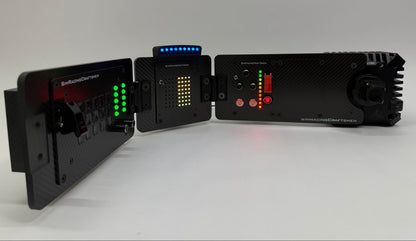 Left side of compact pre built sim racing setup turned on with grid brows installed