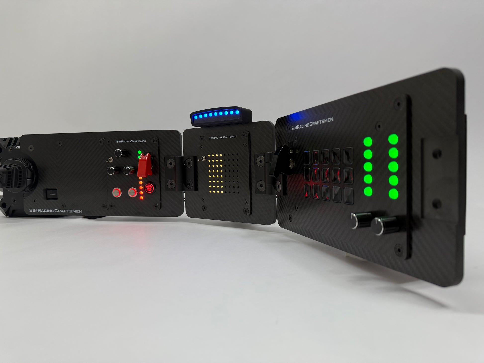 right side of prebuilt sim racing setup with sim brows turned on with blue LEDs