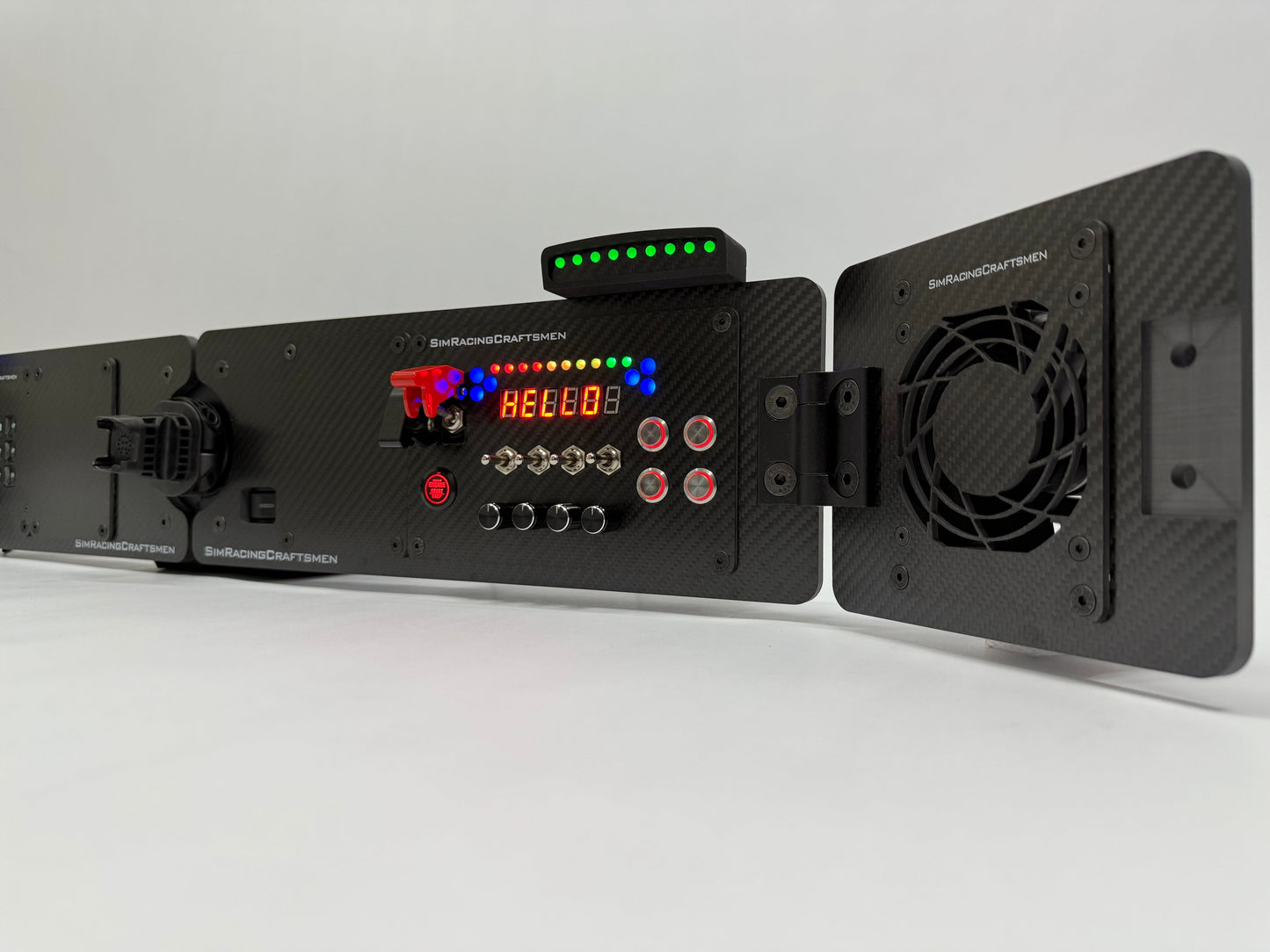 Black electronic device with digital display and fan on a white background