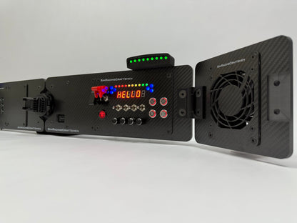 Black electronic device with digital display and fan on a white background