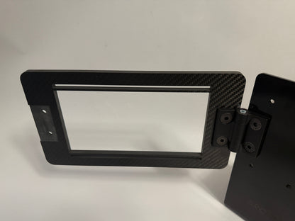 expansion bracket and locking hinge mounted on desk mount at an angle