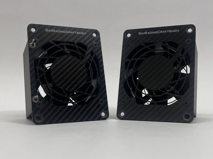 Two black fans with carbon fiber material on a gray background