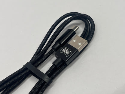 Black USB cable with a logo on a white background