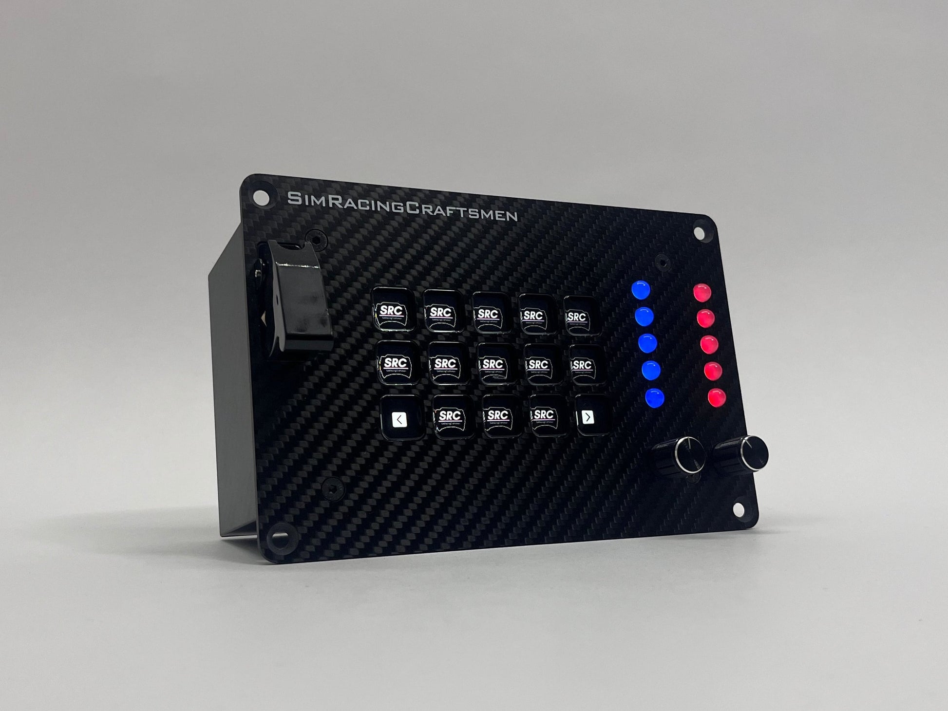 stream pro button box turned on with red and blue lights on grey background