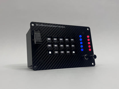 stream pro button box turned on with red and blue lights on grey background