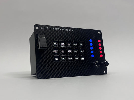 stream pro button box turned on with red and blue lights on grey background