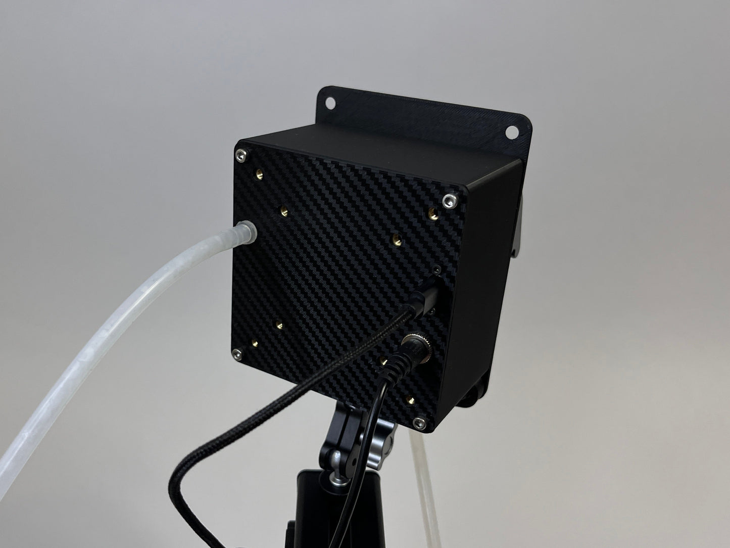 rear of drinkbox mounted on 4040 profile with cables and tube connected