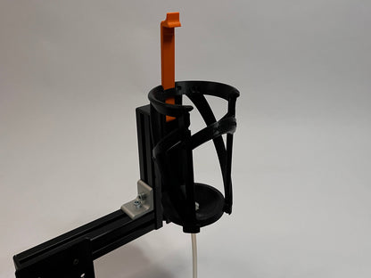 racing hydration endurance bottle dock mounted on a vertical black 4040 profile against a light gray background. 