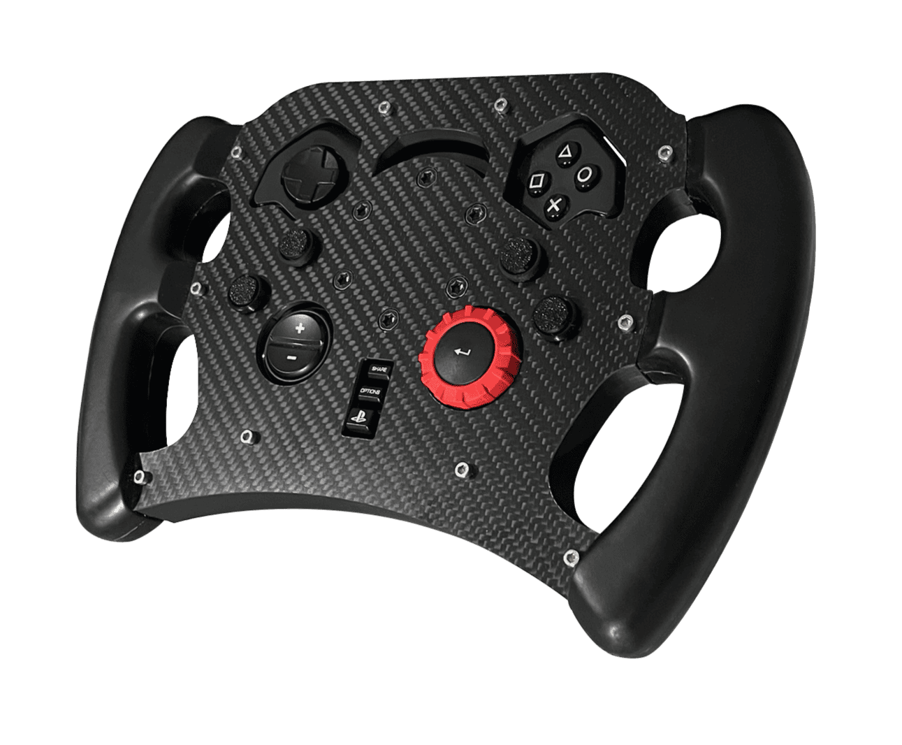 Side view of sim racing wheel G29 with rubber handles and carbon fiber body