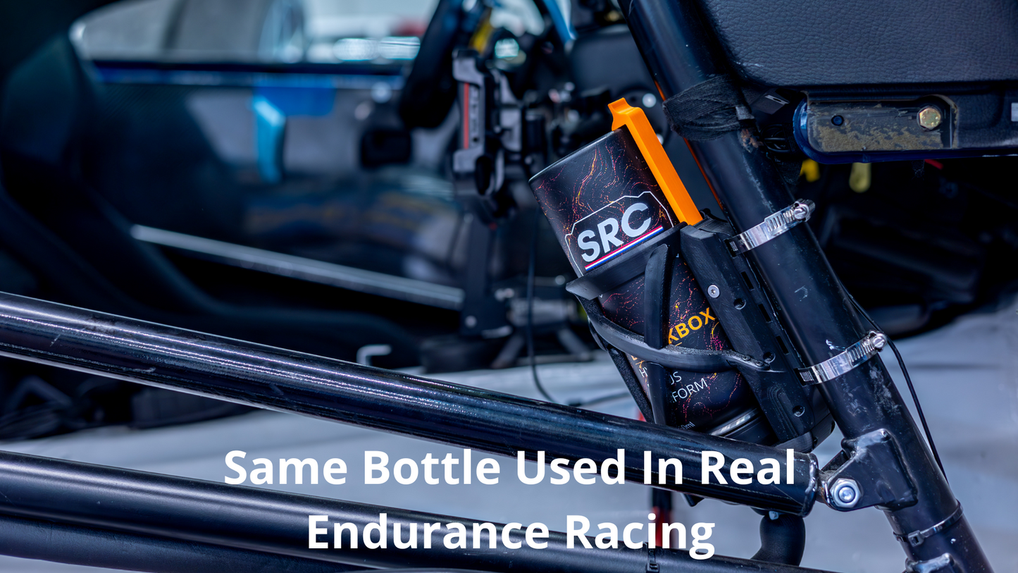 A close-up of a black endurance racing bottle holder mounted on a roll cage, holding a black bottle with an orange cap. The image features a text overlay reading 'Same Bottle Used In Real Endurance Racing' and is set against the blurred background of a race car interior.