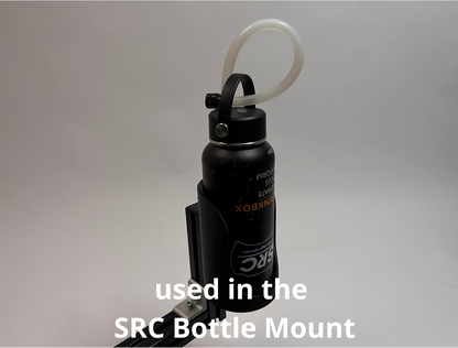 A black bottle with a white looped tube and a black bottle holder mount, shown against a neutral gray background with white text overlay reading 'used in the SRC Bottle Mount'.