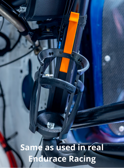 Close up of real endurance racing bottle holder mounted on a racing car roll cage and the text 'Same as used in real Endurace Racing' at the bottom.