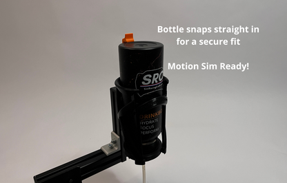 SRC race bottle mounted in racing hydration endurance bottle dock mounted on a vertical black 4040 profile against a light gray background. White text on the right reads 'Bottle snaps straight in for a secure fit' and 'Motion Sim Ready!'.