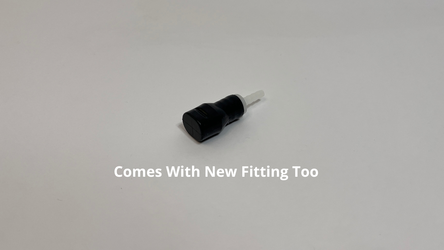 Black Silicone Bite valve with white plastic fitting for tubing in it on a white background
