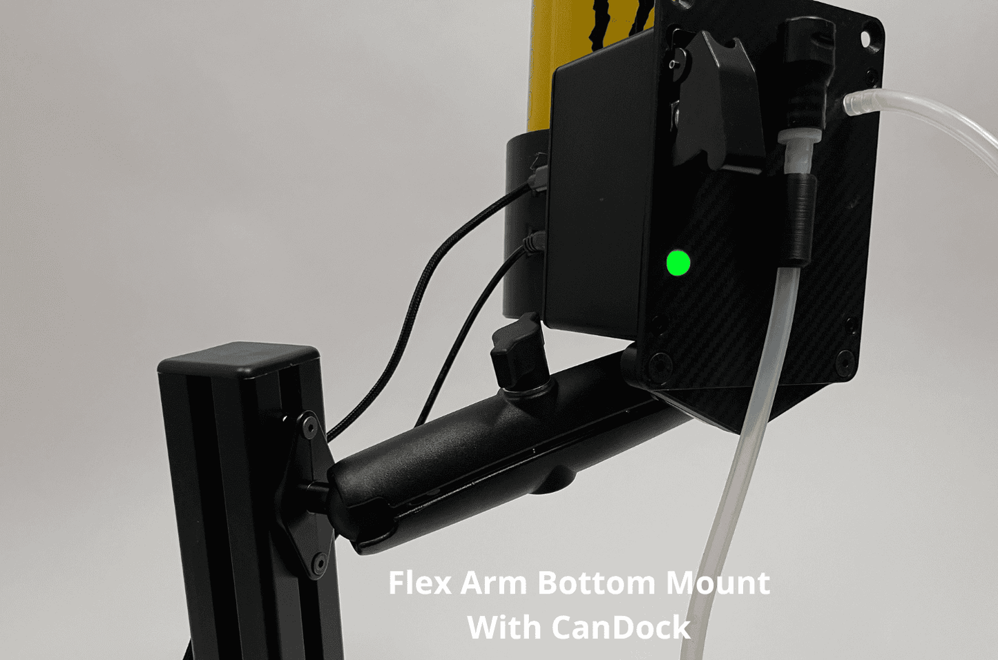 Black Flex Arm Bottom Mount with CanDock mounted to the DrinkBox,  a small green indicator light, shown against a light gray background with a white text overlay saying "Flex Arm Bottom Mount With CanDock".
