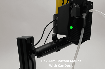 Black Flex Arm Bottom Mount with CanDock mounted to the DrinkBox,  a small green indicator light, shown against a light gray background with a white text overlay saying "Flex Arm Bottom Mount With CanDock".