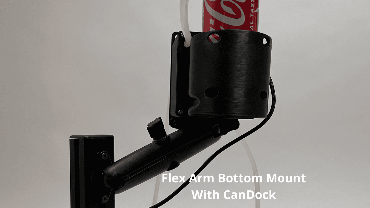 Black metal flex arm bottom mount with CanDock attachment on racing drinking unit, shown holding a red Coca-Cola can against a light gray background with overlaid text reading 'Flex Arm Bottom Mount With CanDock'.