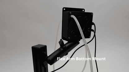 black flex arm on a 4040 profile connected to the sim race drink system with silicone tubing coming out of it, shown against a light gray background with a text overlay reading 'Flex Arm Bottom Mount'.