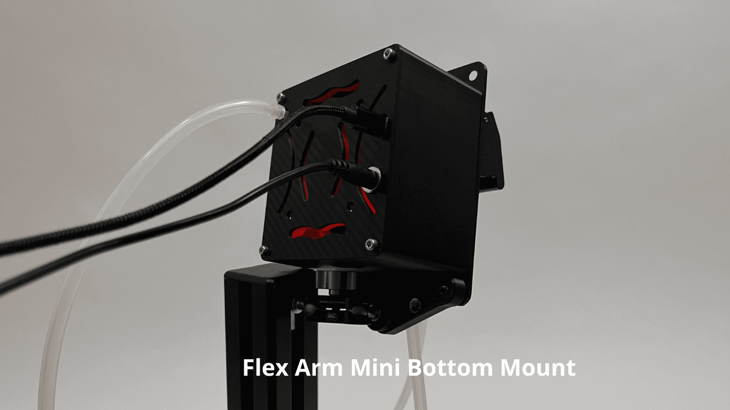 rear of drinkbox racing hydration system showing orange internal cooling  ducts and rear black carbon fiber textured plate, shown against a light gray background with a text overlay reading 'Flex Arm Mini Bottom Mount'.
