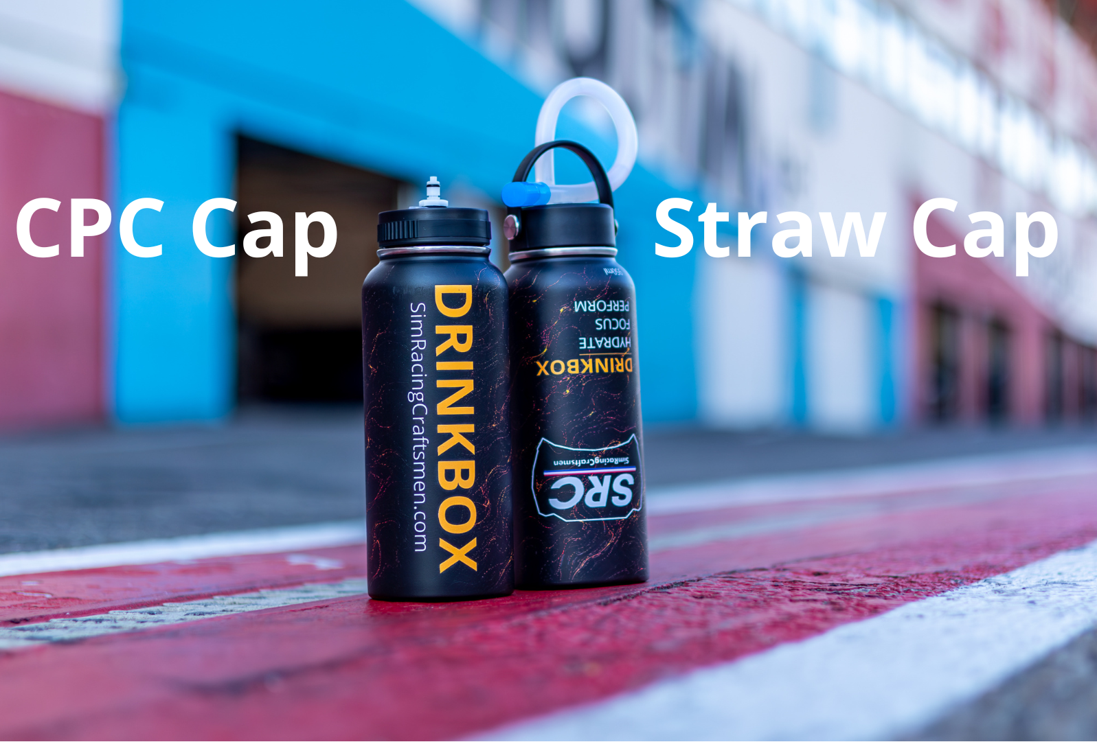Two black sports water bottles with straw caps displayed on a red and white painted track surface, with a blurred racetrack and building in the background. Large white text reads 'CPC Cap' and 'Straw Cap' across the image.