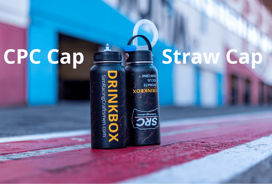 Two black sports water bottles with straw caps displayed on a red and white painted track surface, with a blurred racetrack and building in the background. Large white text reads 'CPC Cap' and 'Straw Cap' across the image.