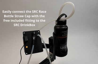 A black bottle with an attached clear straw hose and black mounting bracket, shown against a light gray background with overlaid text explaining connection to an SRC DrinkBox.