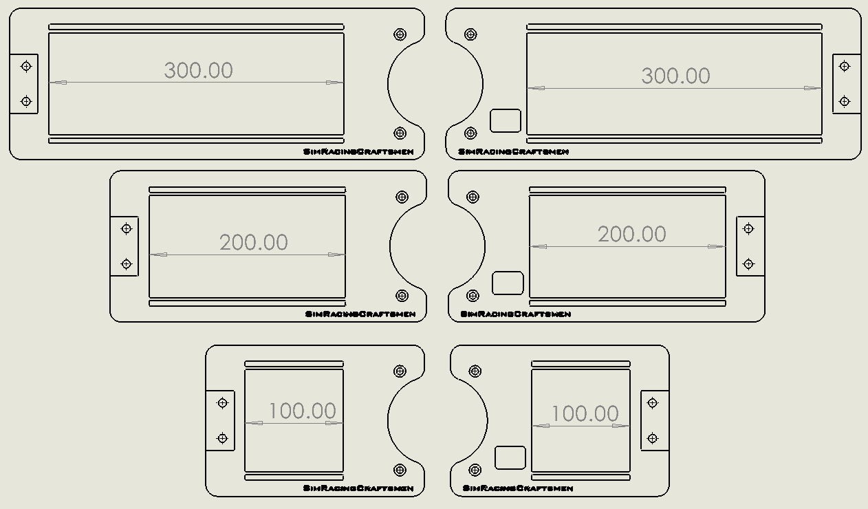 2D drawing off all sim racing base bracket sizes